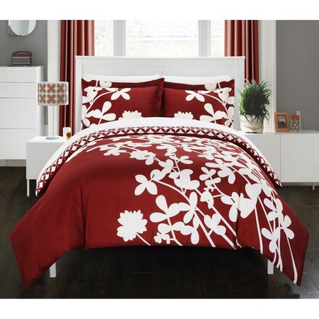 FIXTURESFIRST Sweetpea Reversible Scale Floral Design Printed with Diamond Pattern Reverse Duvet Cover Set - Red - Queen & Large - 3 Piece FI207103